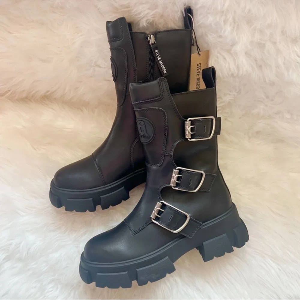 ❤️SOLD❤️ Steve Madden Chunky Sole Platform Moto Combat Boots in Black Leather - Picture 7 of 11